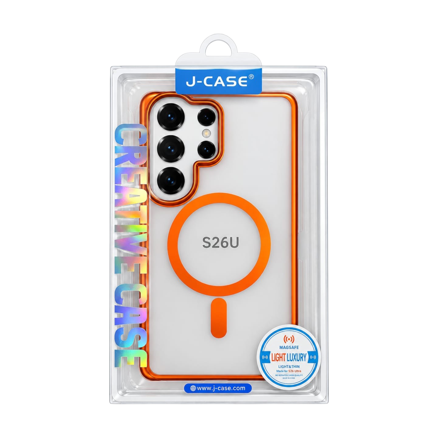 OBtech J-CASE transparent Samsung S26 Ultra protective cover with orange bumper and magnetic charging ring in packaging