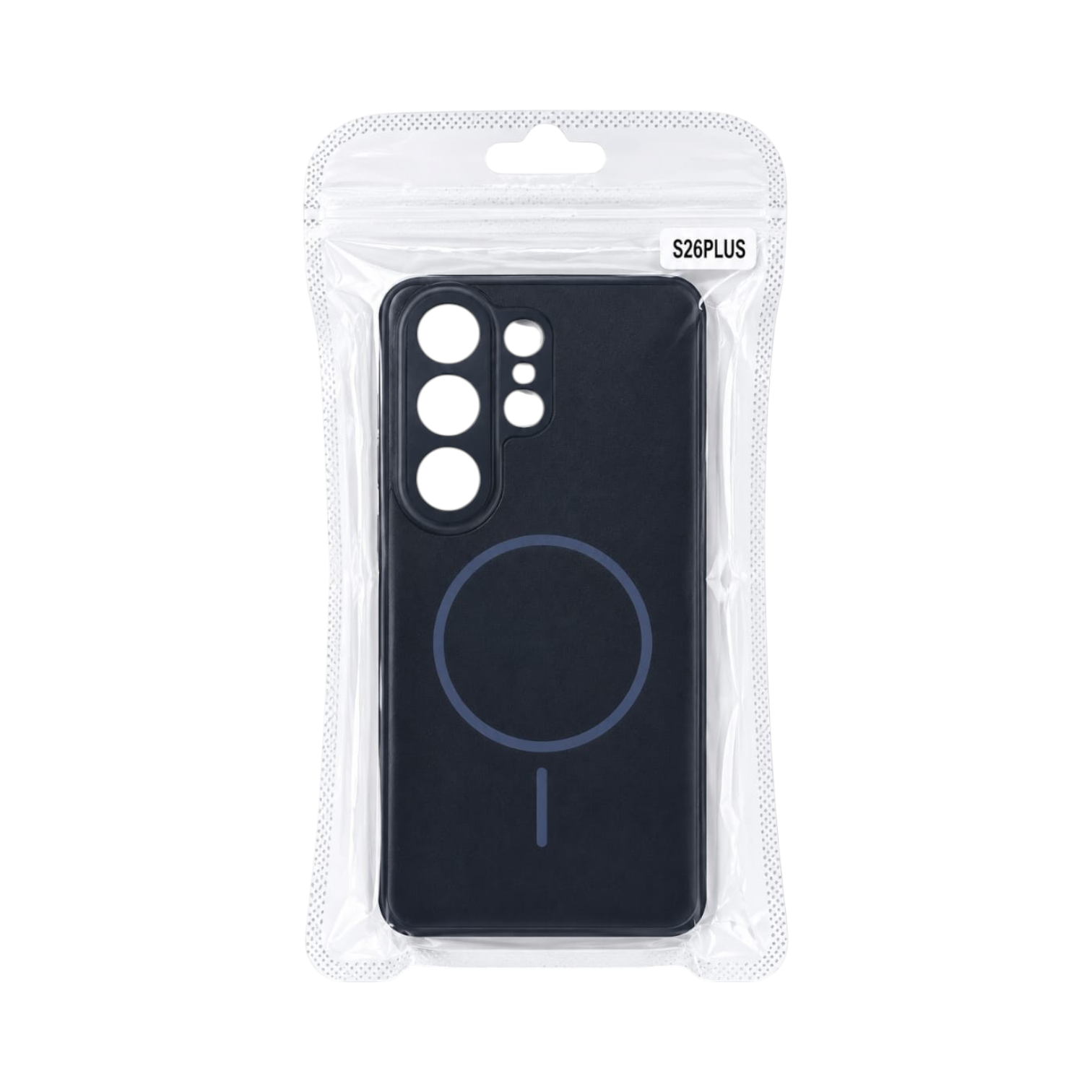 OBtech Samsung Galaxy S26 Plus black protective phone case with magnetic charging ring in clear plastic packaging