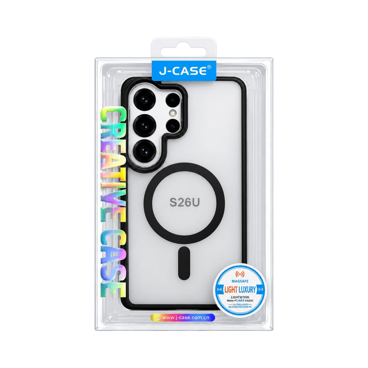 OBtech J-CASE transparent phone case with black borders and magnetic ring for Samsung Galaxy S26 Ultra in packaging