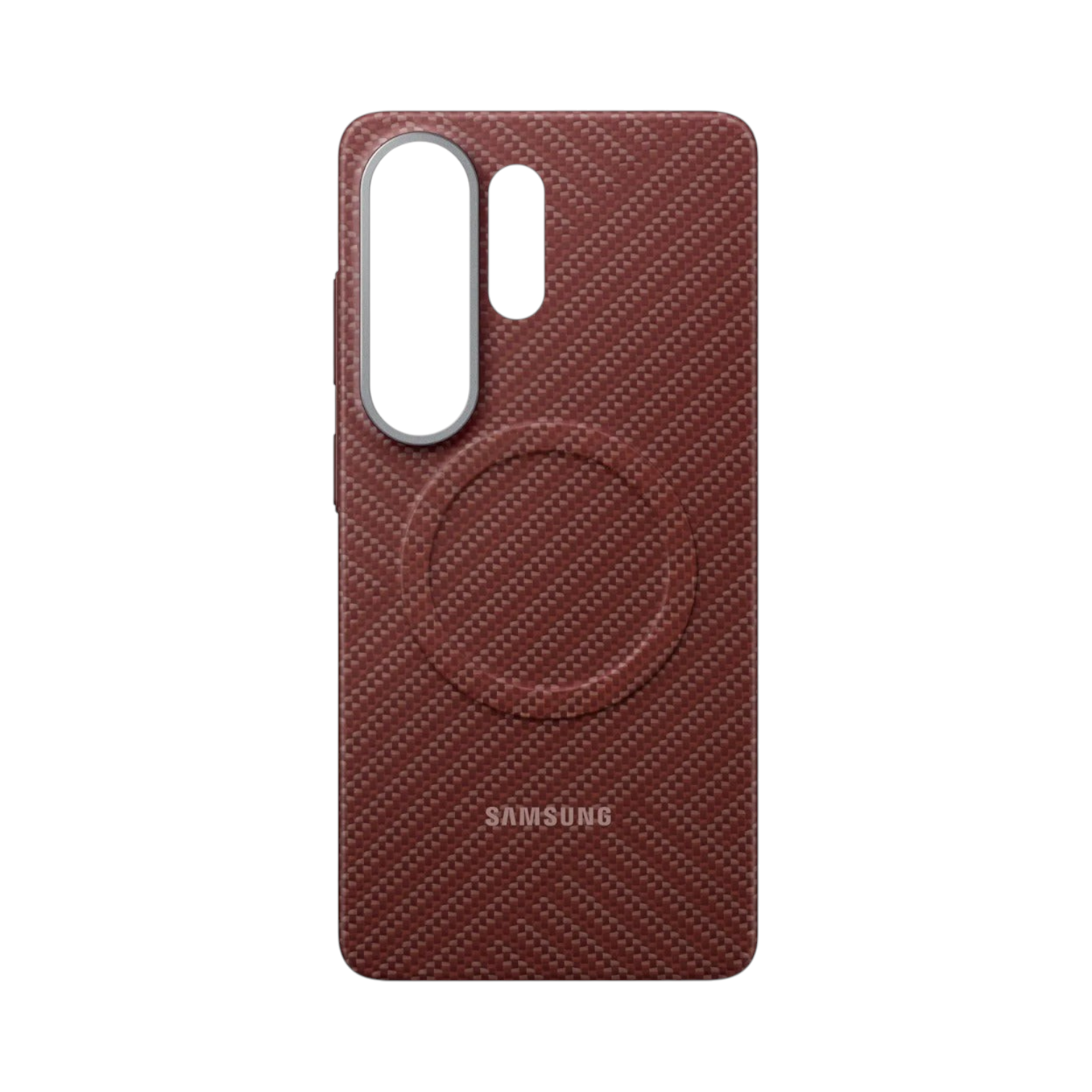 OBtech Samsung Galaxy S25 Ultra carbon fiber magnetic phone case in dark red with precise camera and port cutouts.