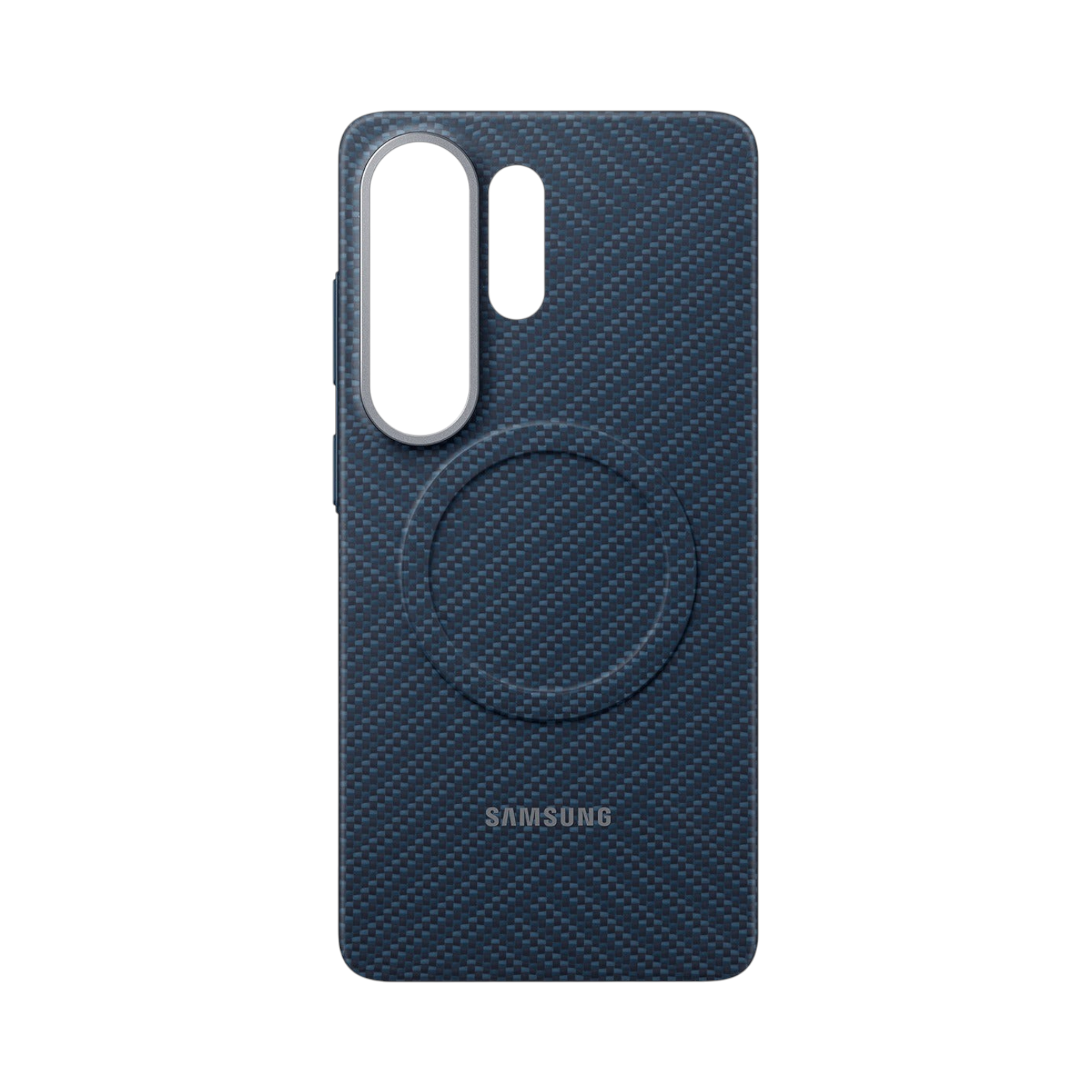 OBtech Samsung Galaxy S25 Ultra carbon fiber magnetic phone case in dark blue with precise camera and port cutouts.