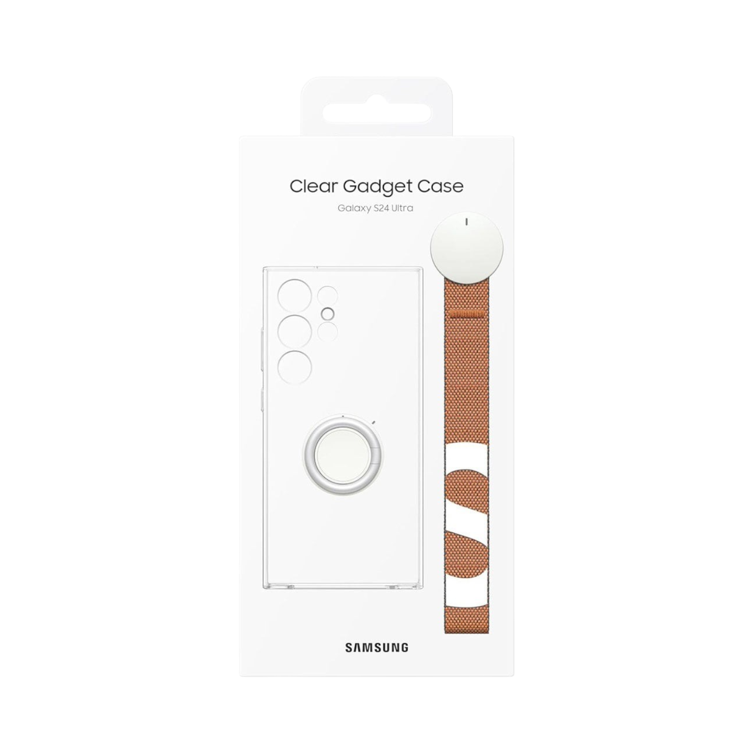OBtech Samsung Galaxy S24 Ultra clear gadget cover in retail packaging with an attachable orange fabric finger strap