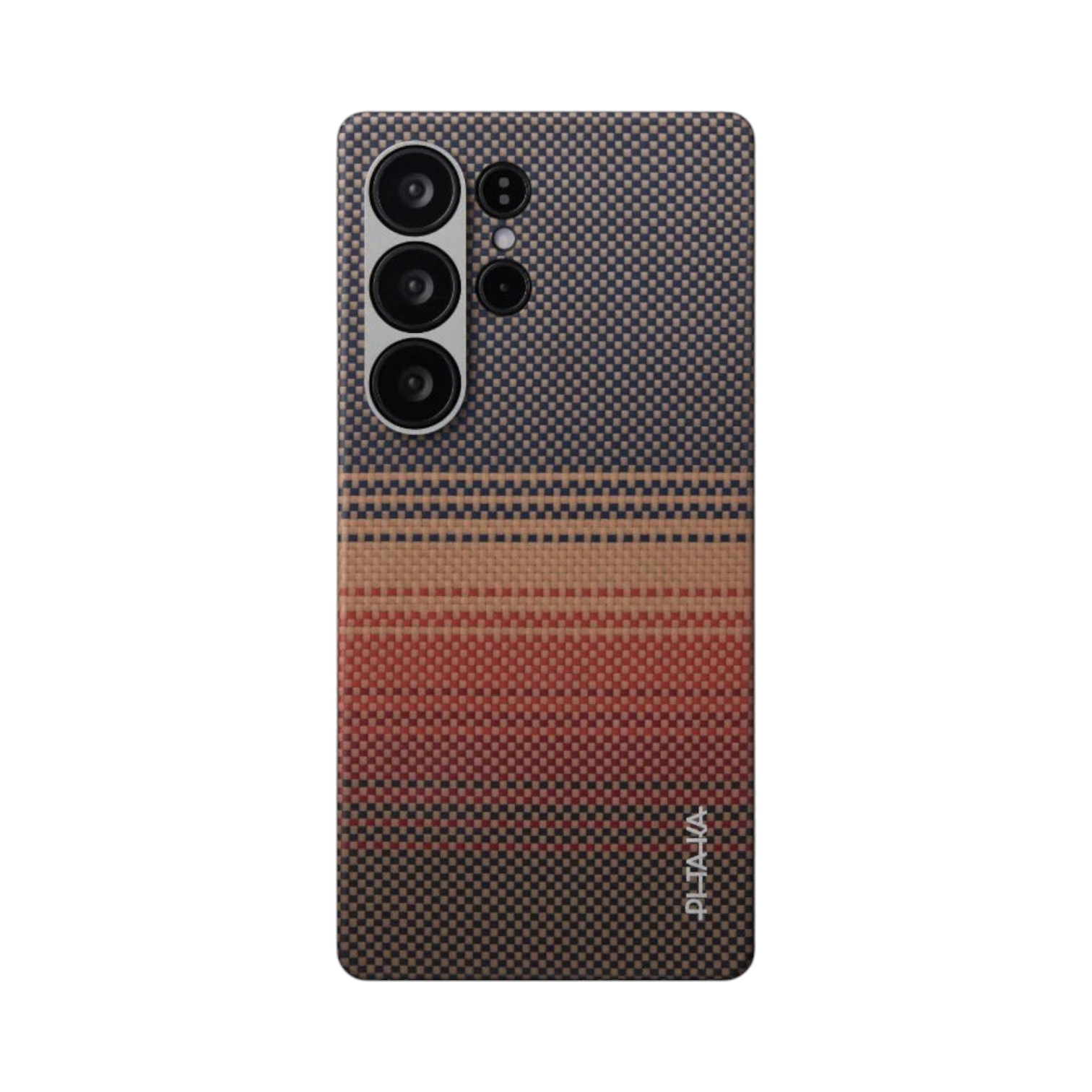 OBtech PITAKA Samsung Galaxy S25 Ultra case featuring a woven-style gradient pattern in blue, orange, and brown tones.
