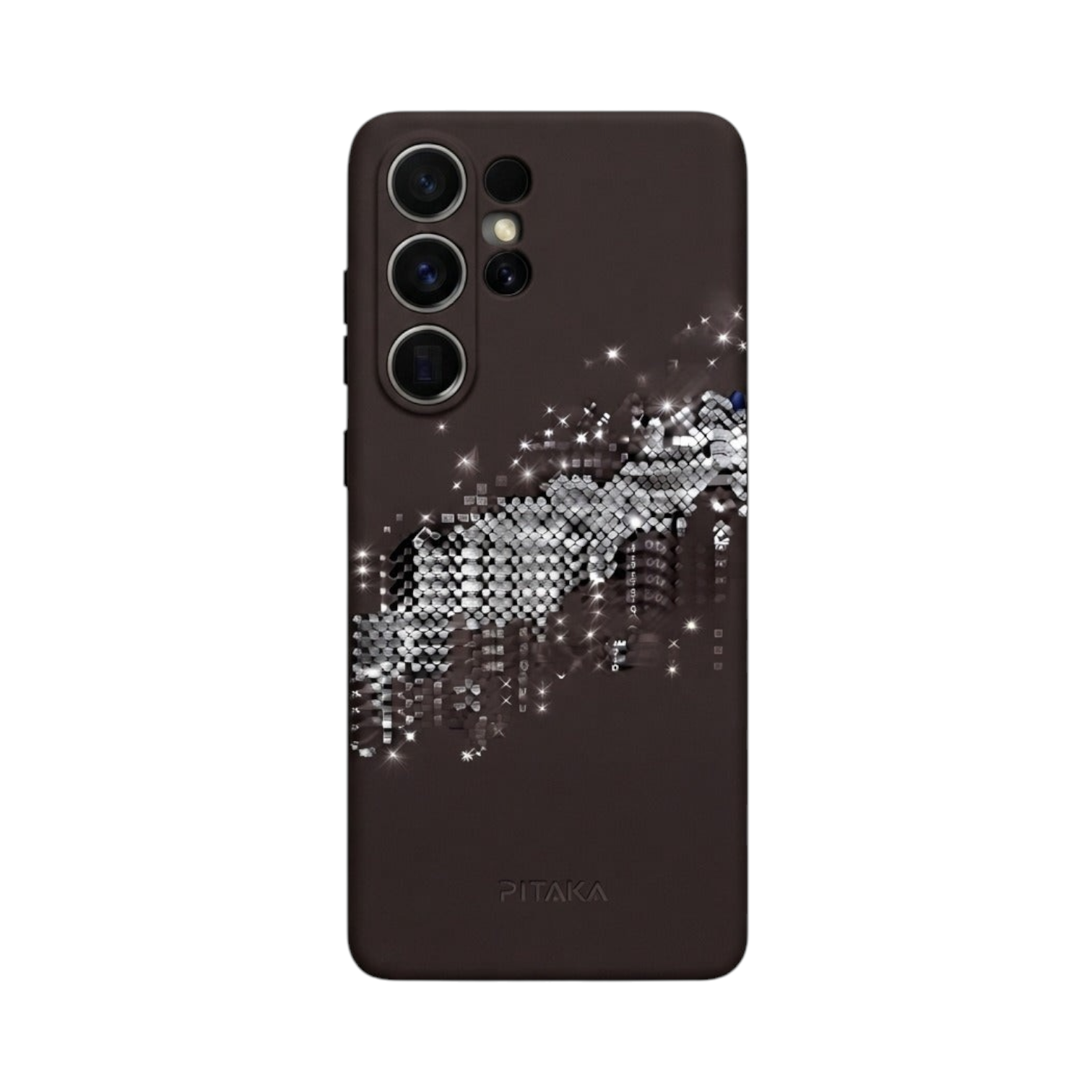 OBtech PITAKA Samsung Galaxy S25 Ultra silicone case in dark brown with a sparkling silver geometric pattern