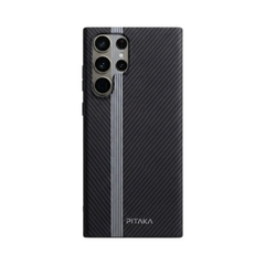OBtech PITAKA Samsung Galaxy S25 Ultra case in black carbon fiber texture with a vertical grey stripe design.
