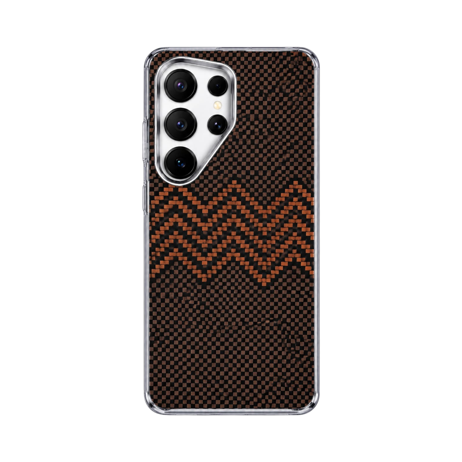 OBtech Luco Life Samsung Galaxy S25 Ultra case with a brown and black carbon-fiber textured chevron pattern
