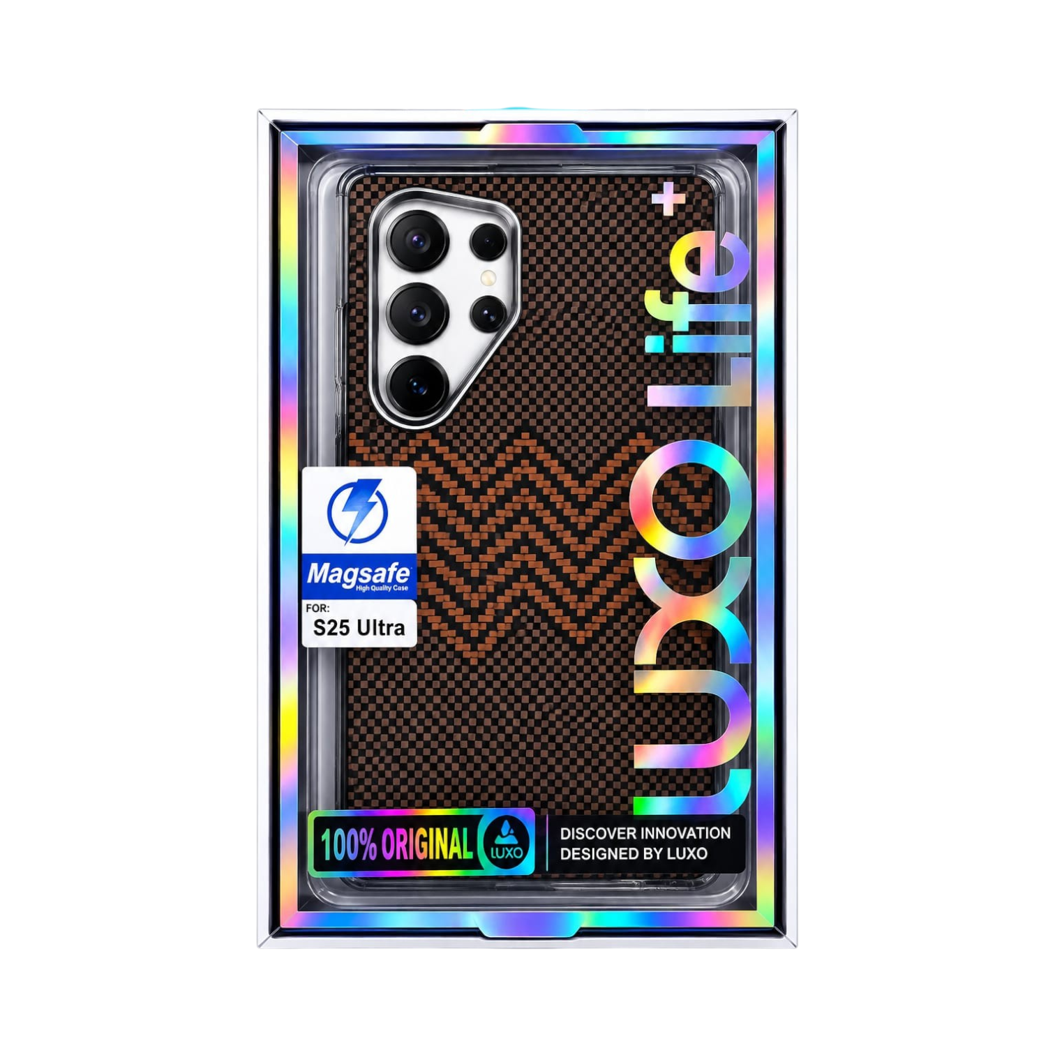 OBtech Luco Life Samsung Galaxy S25 Ultra case with a brown carbon-fiber texture and integrated MagSafe technology.