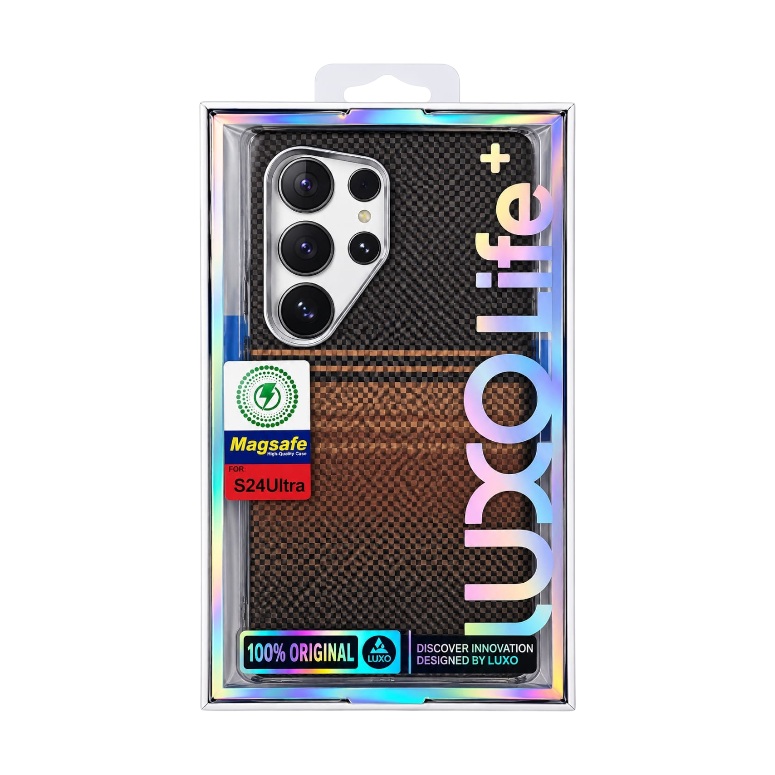 OBtech Luco Life Samsung Galaxy S25 Ultra case with carbon-fiber texture, MagSafe ring, and metal camera protection.