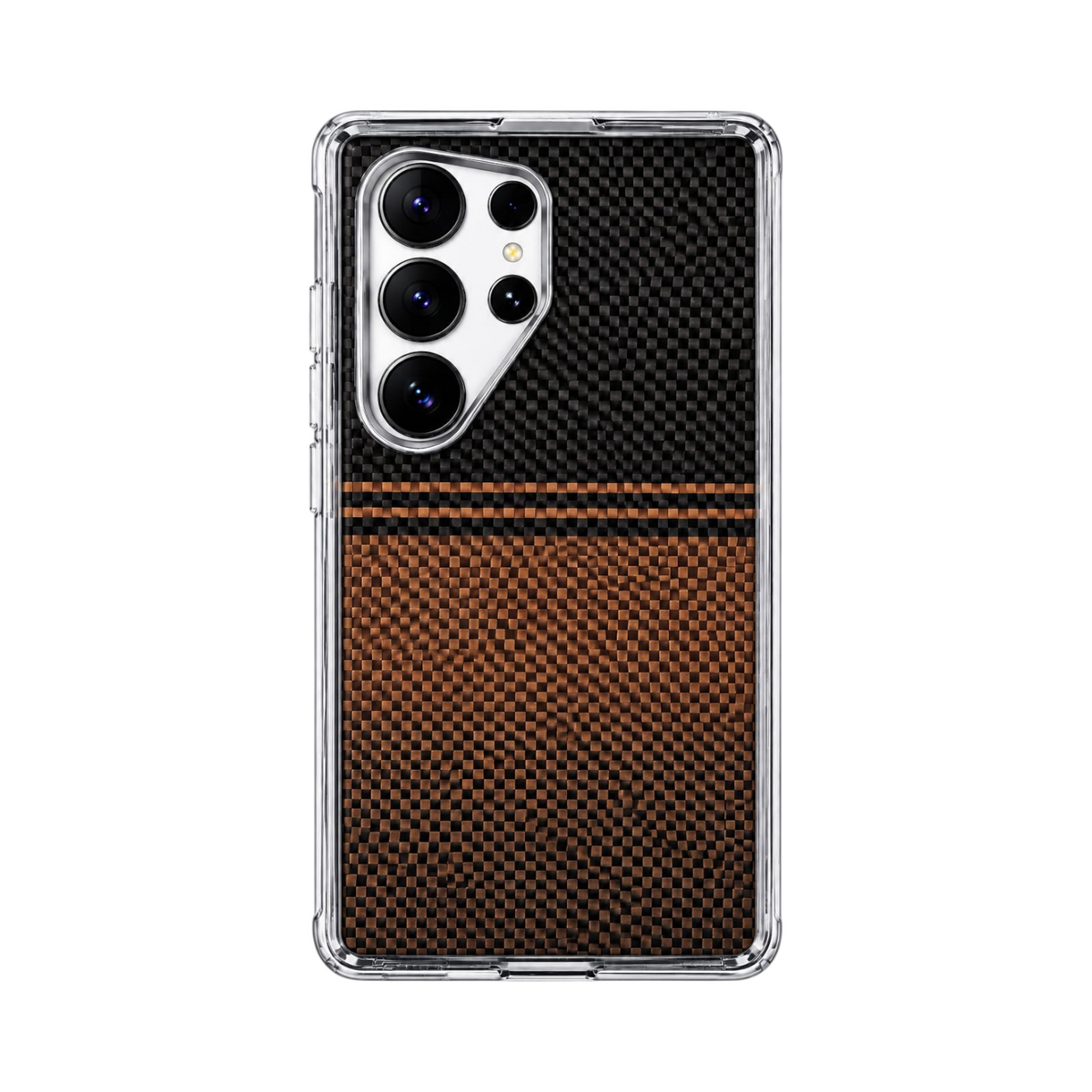 OBtech Luco Life Samsung Galaxy S25 Ultra case with a two-tone black and brown carbon-fiber textured finish.