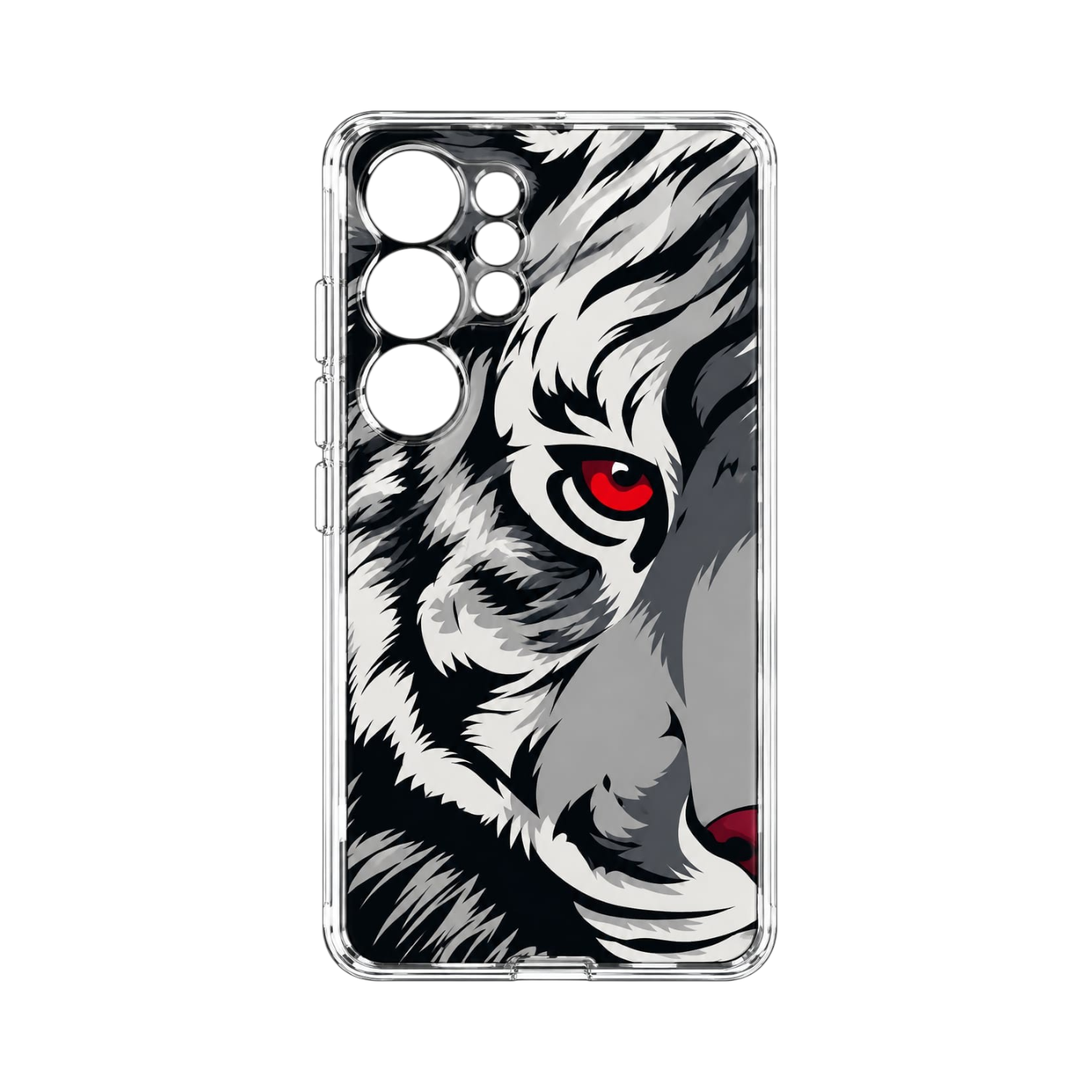 OBtech LUCO TPU cover for Samsung Galaxy S23 Ultra featuring a detailed black and white tiger face with red eyes