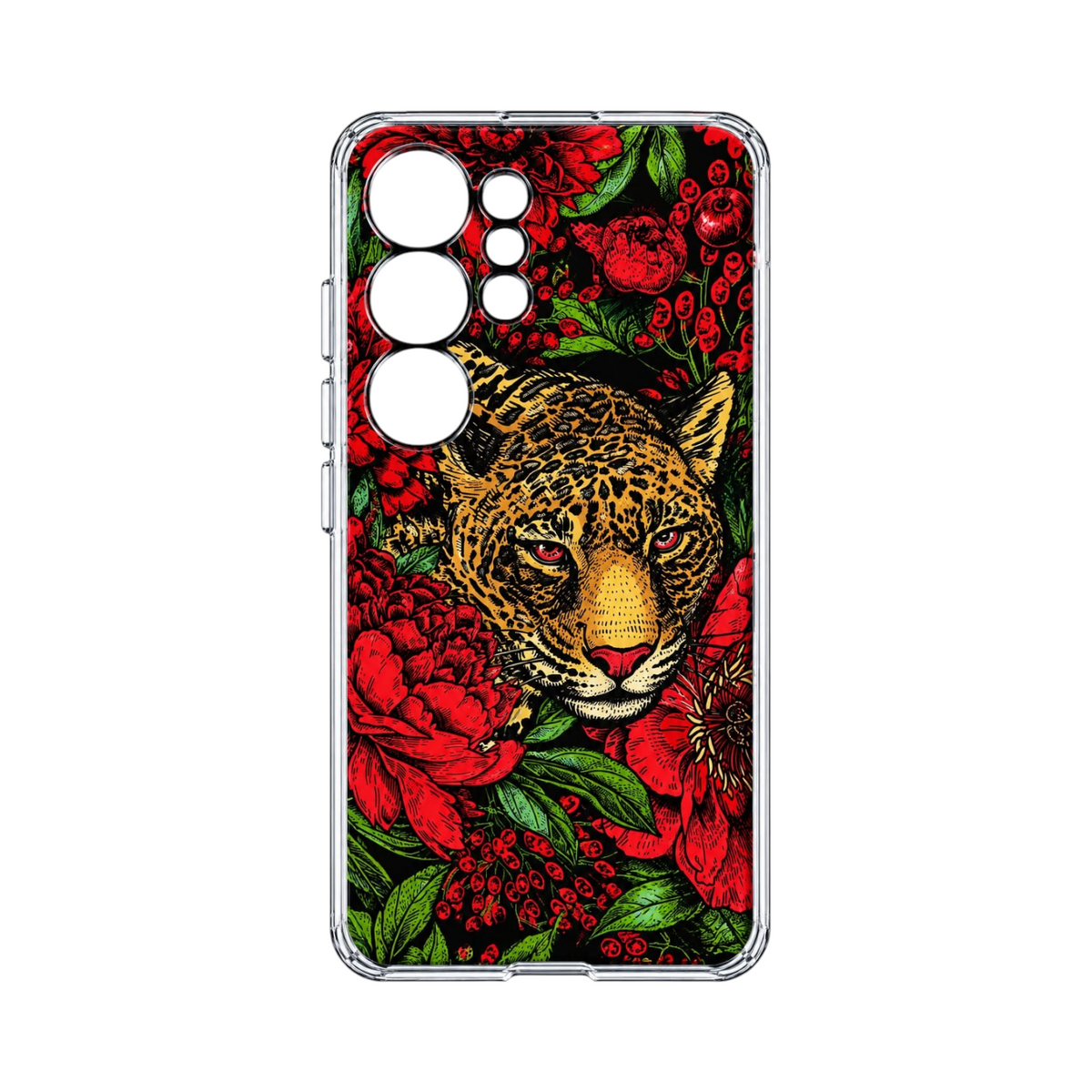 OBtech LUCO TPU cover for Samsung Galaxy S23 Ultra featuring a vibrant leopard and red floral print design