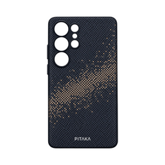 OBtech PITAKA Samsung Galaxy S23 Ultra cover in black aramid fiber with a stylish pixelated pattern and camera cutout.