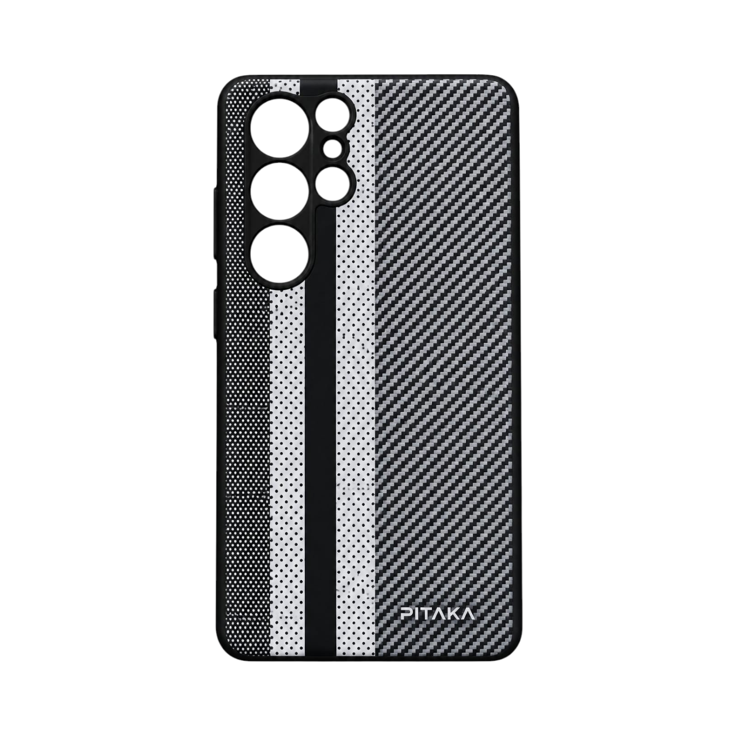 OBtech PITAKA Samsung Galaxy S22 Ultra protective case with a black and grey carbon fiber pattern and striped design.