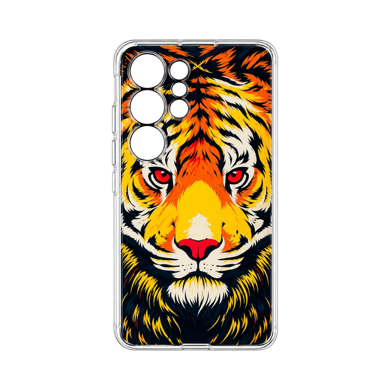 OBtech LUCO flexible TPU phone case for Samsung Galaxy S23 Ultra featuring a vibrant tiger face graphic design