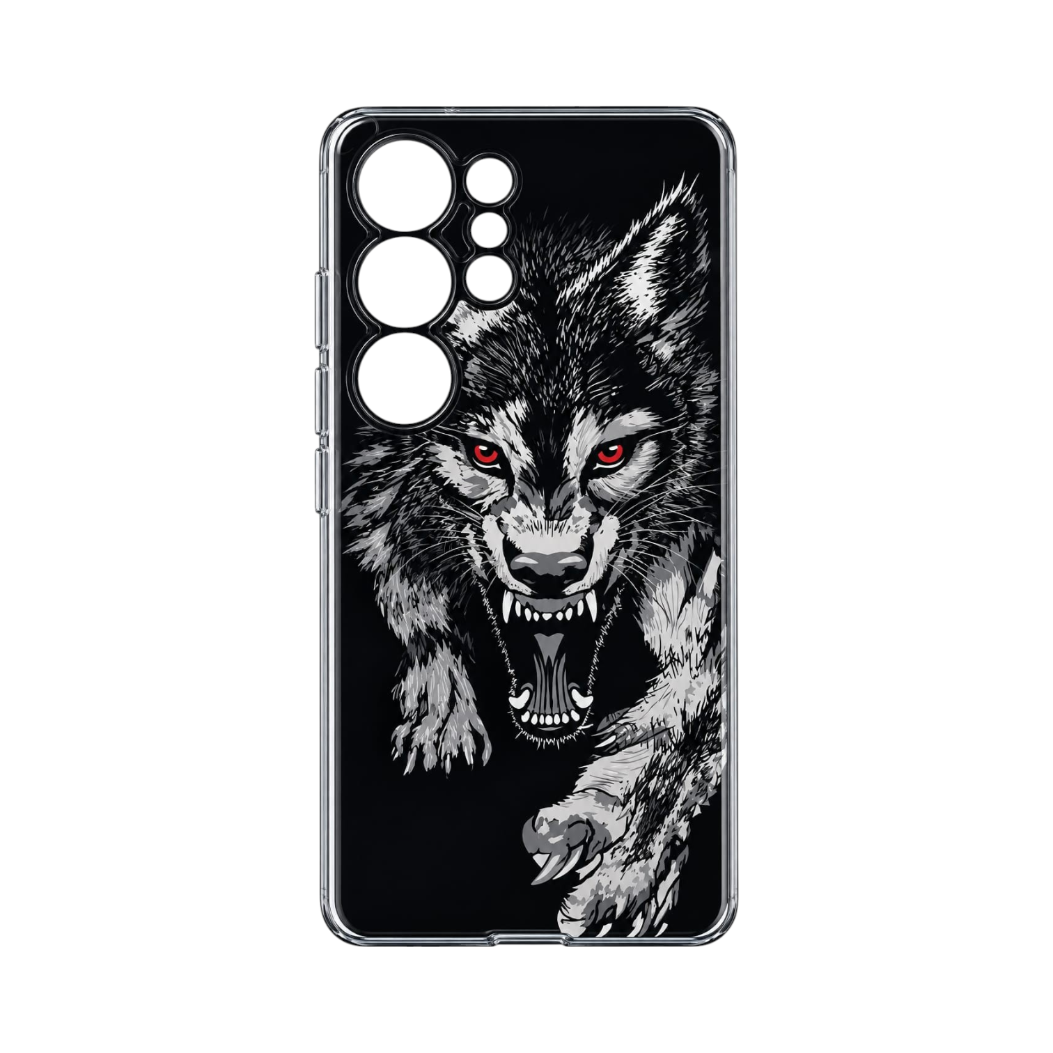 OBtech LUCO TPU cover for Samsung Galaxy S23 Ultra featuring a detailed black and white wolf graphic with red eyes.