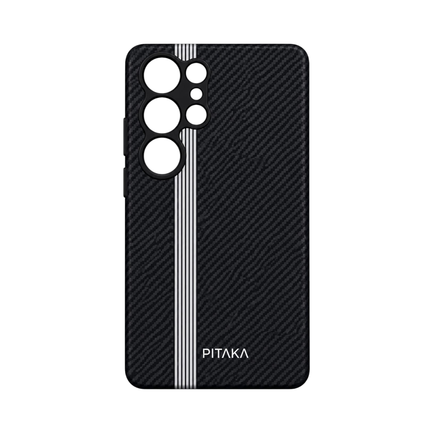 OBtech PITAKA Samsung Galaxy S23 Ultra cover in black carbon fiber with a minimalist vertical stripe design