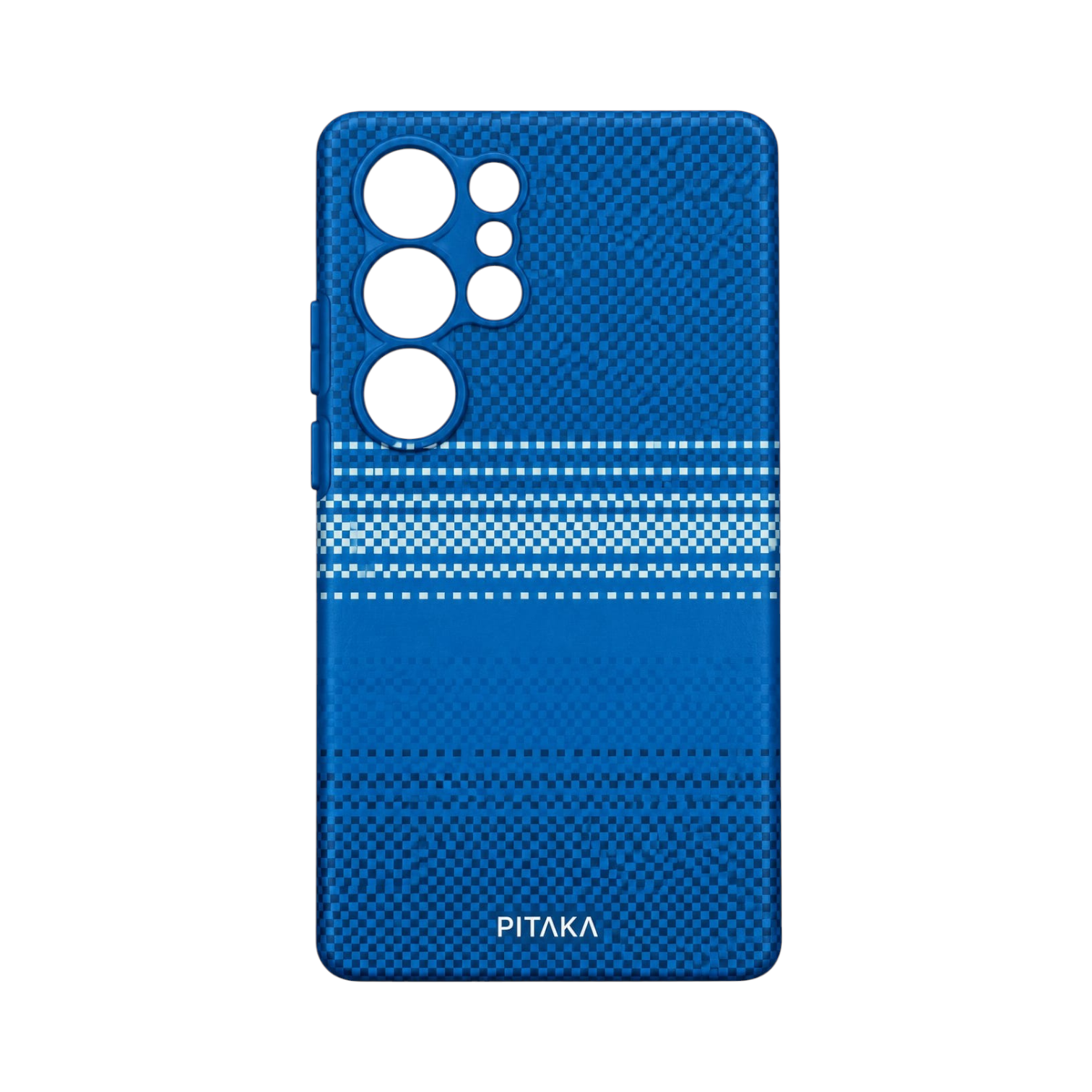 OBtech PITAKA blue aramid fiber phone case for Samsung Galaxy S23 Ultra with a geometric checkered pattern