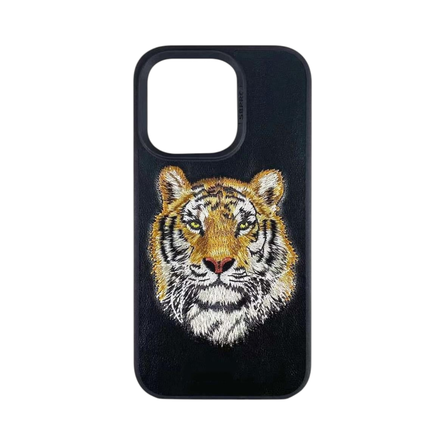 OBtech Santa Barbara Polo & Racquet Club iPhone 14 Pro Max leather case featuring an embroidered tiger head design