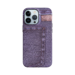 OBtech A-CASE denim-style protective cover for iPhone 14 Pro Max with a textured blue fabric finish and pocket detail.