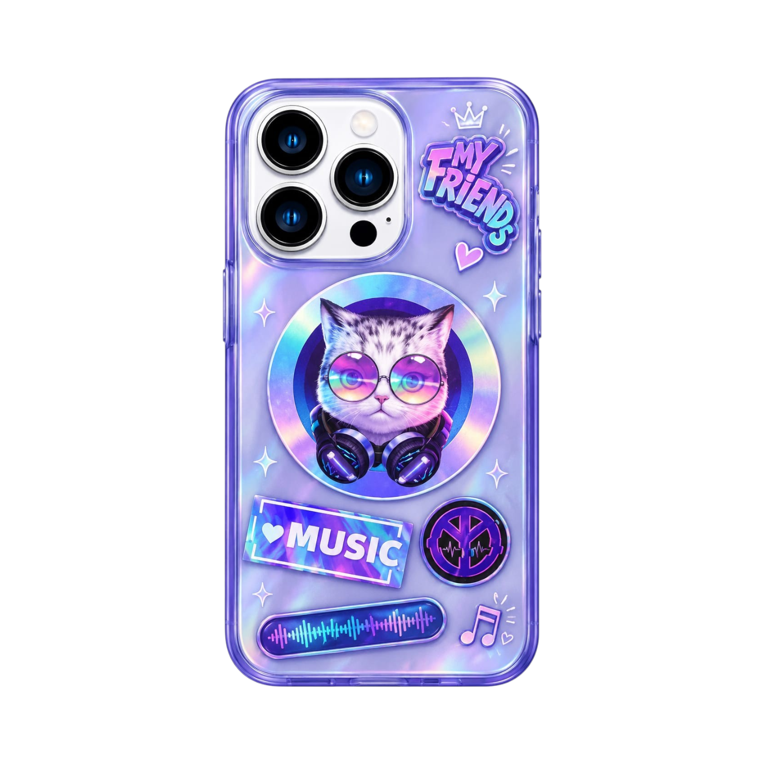 OBtech NIMMY iPhone 14 Pro Max plastic case featuring a cat with headphones and music-themed stickers in purple
