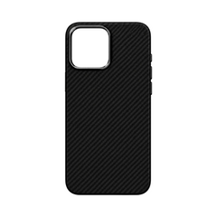 OBtech iPhone 14 Pro Max protective case featuring a sleek black carbon fiber textured finish and precise cutouts.