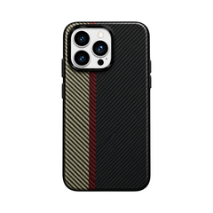 OBtech piblue protective shell for iPhone 14 Pro Max featuring a black, beige, and red carbon fiber style pattern.