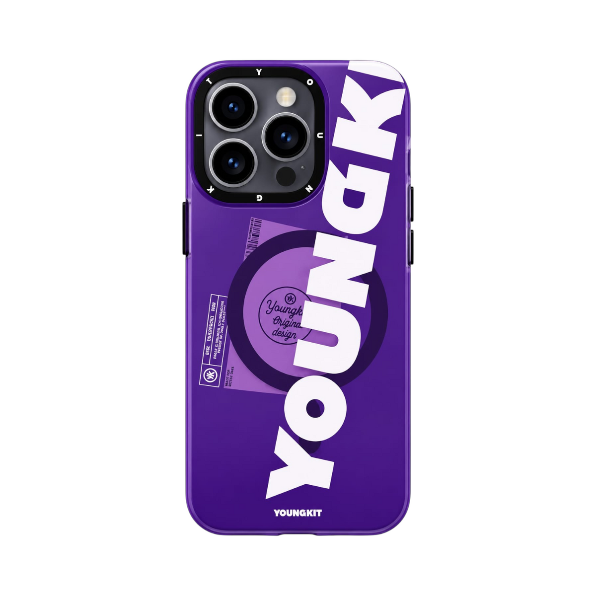 OBtech LUCO Young Kit purple TPU protective case for iPhone 14 Pro Max with bold white graphic typography
