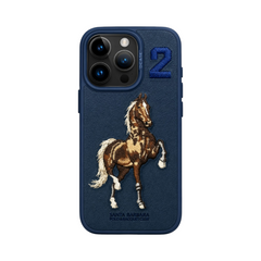 OBtech Santa Barbara Polo & Racquet Club navy leather iPhone 14 Pro Max case with embroidered horse and number 2