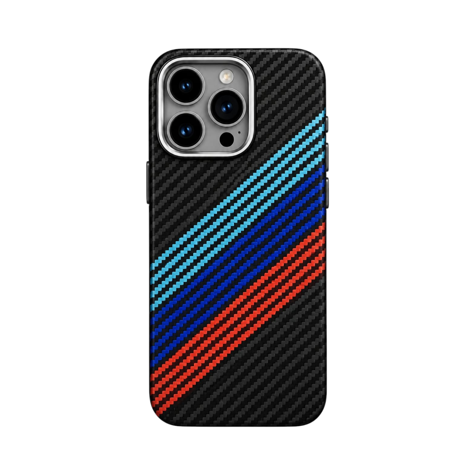 OBtech Luco Life protective iPhone case featuring a black carbon fiber texture with diagonal blue and red stripes.