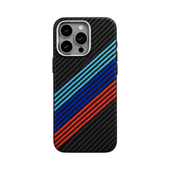 OBtech Luco Life protective iPhone case featuring a black carbon fiber texture with diagonal blue and red stripes.