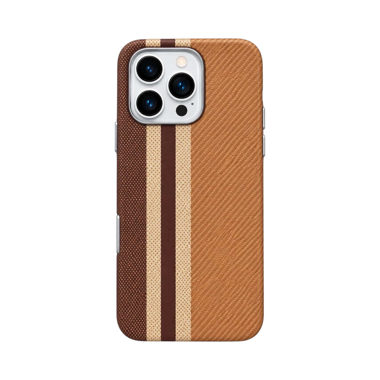 OBtech Luco Life protective phone case for iPhone 14 and 16 Pro Max featuring a brown and tan striped textured design.