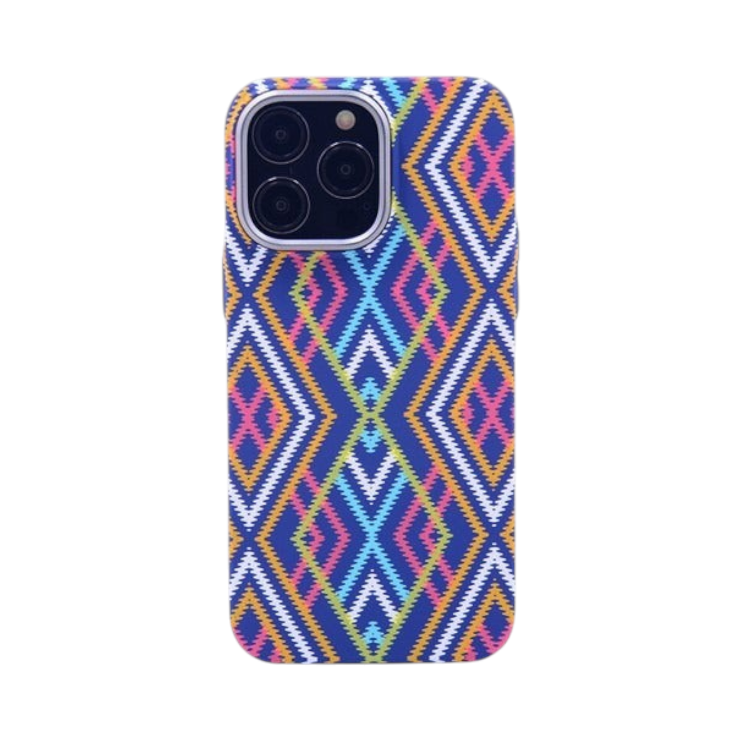 OBtech Luco Life protective phone case with a vibrant blue geometric diamond pattern for iPhone 14 and 16 Pro Max