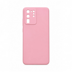 OBtech pink silicone protective case for Samsung Galaxy S20 Ultra with a smooth matte finish and camera cutout.