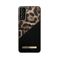 OBtech Samsung Galaxy S24 phone case featuring a diagonal split design with leopard print and black textured leather