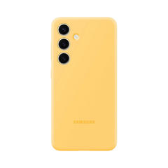 OBtech yellow silicone case for Samsung Galaxy S24 with a smooth matte finish and precise camera cutouts