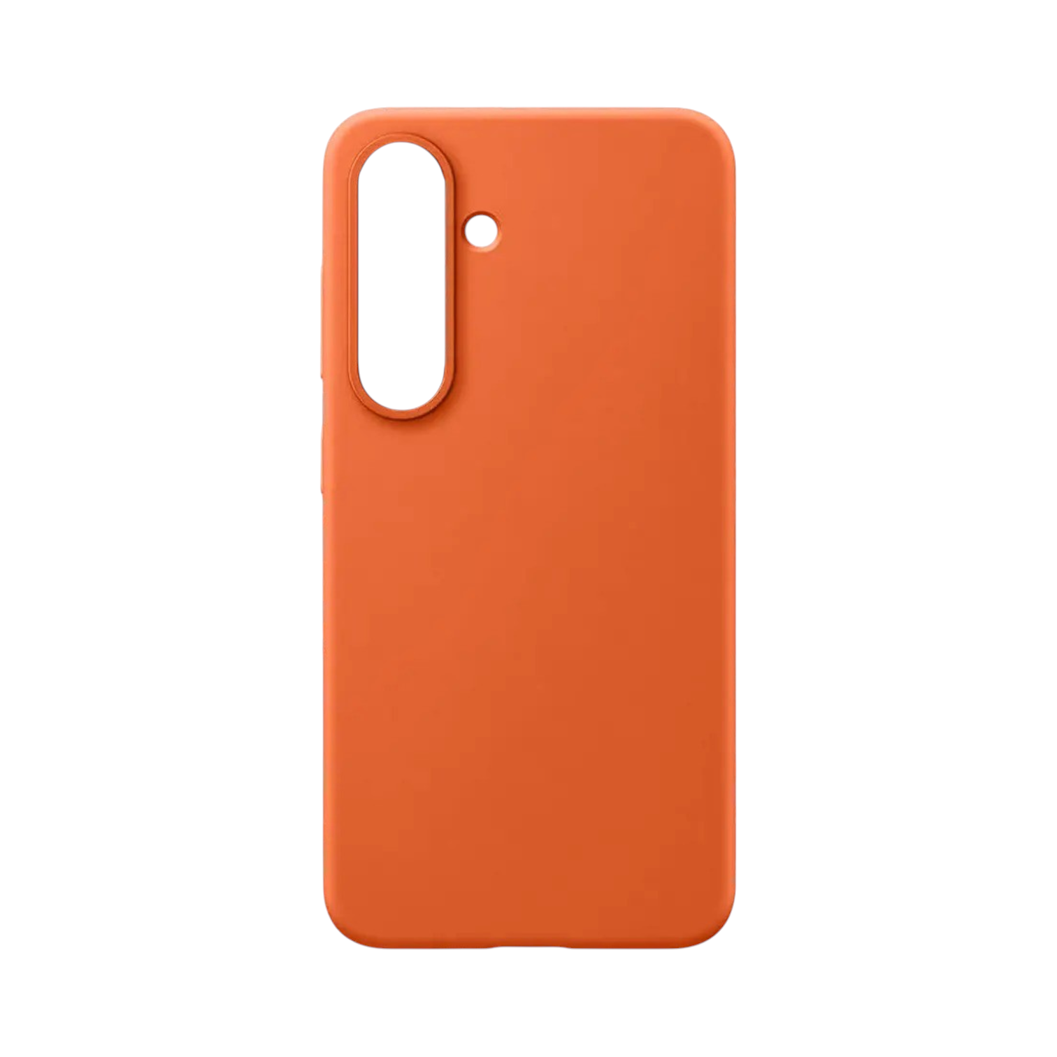 OBtech Samsung Galaxy S25 silicone cover in vibrant orange with a smooth matte finish and precise camera cutout