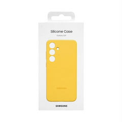 OBtech yellow Samsung Galaxy S24 silicone case in retail packaging with a smooth matte finish.