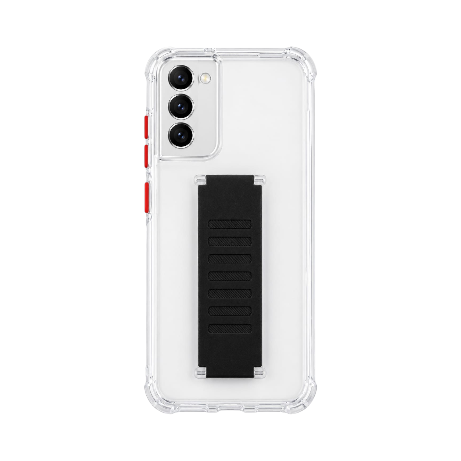 OBtech clear Samsung Galaxy S21 bumper case with black finger strap and contrast red buttons on a white background