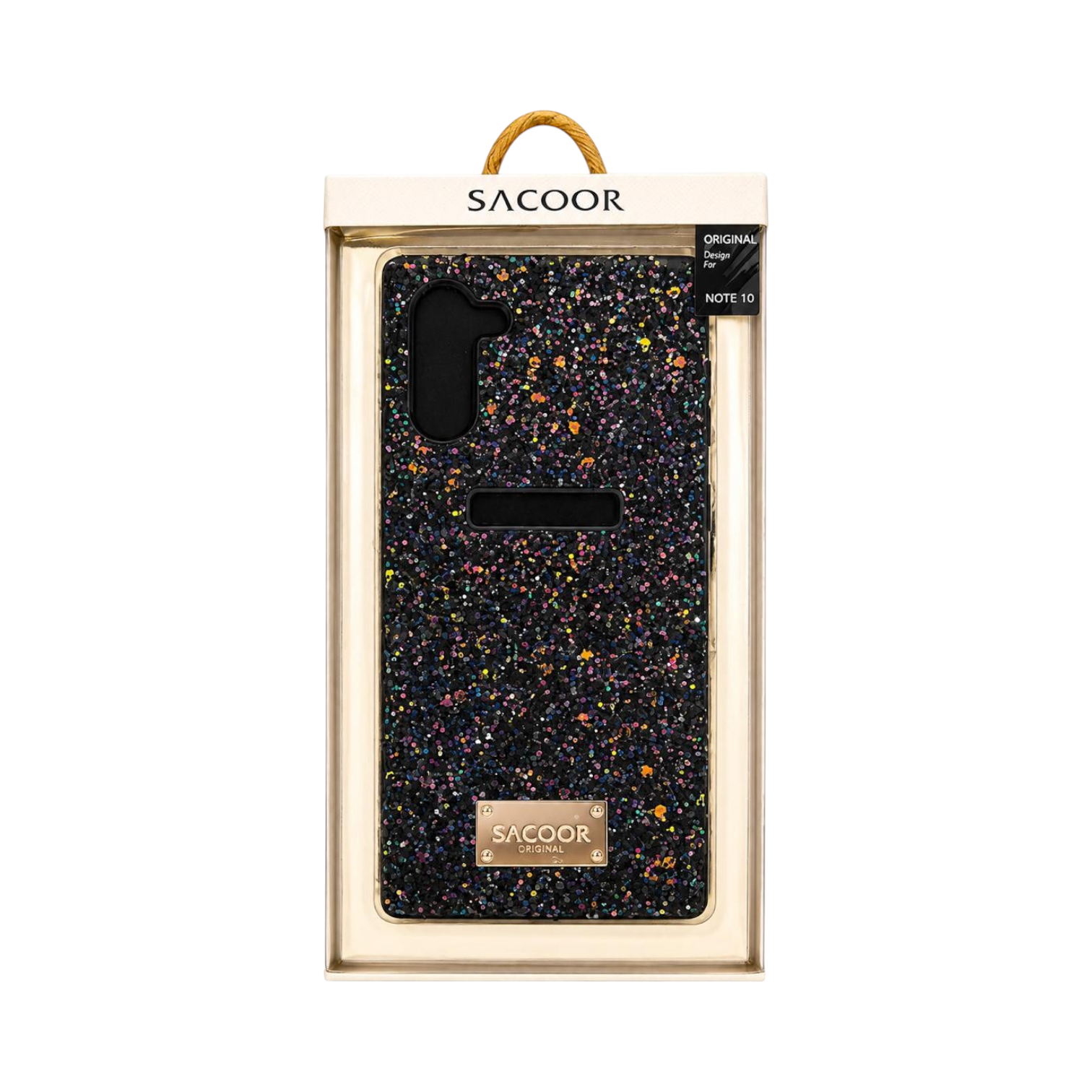 OBtech SACOOR Samsung Galaxy Note 10 glitter case in black with multi-colored sparkles and a metallic brand plaque