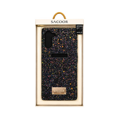 OBtech SACOOR Samsung Galaxy Note 10 glitter case in black with multi-colored sparkles and a metallic brand plaque