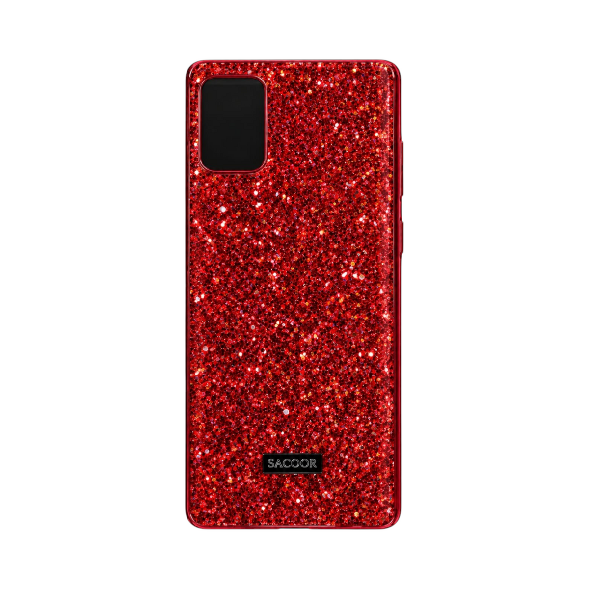 OBtech SACOOR Samsung Galaxy Note 20 glitter phone case in vibrant red with a metallic brand plaque