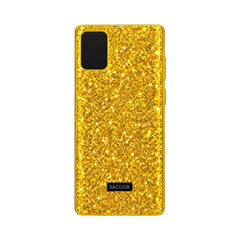 OBtech SACOOR Samsung Galaxy Note 20 glitter phone case in vibrant gold with a metallic brand plaque