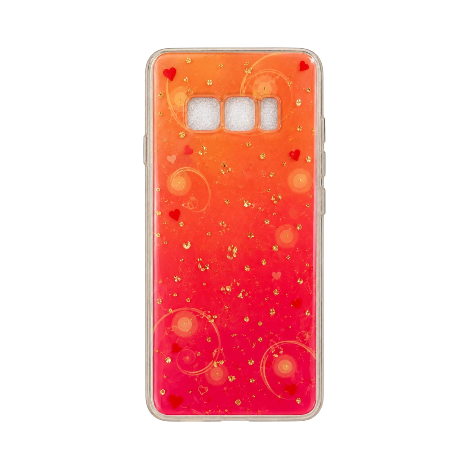 OBtech Samsung Galaxy S8 glitter phone case with a red and orange gradient, heart accents, and shockproof TPU bumper.