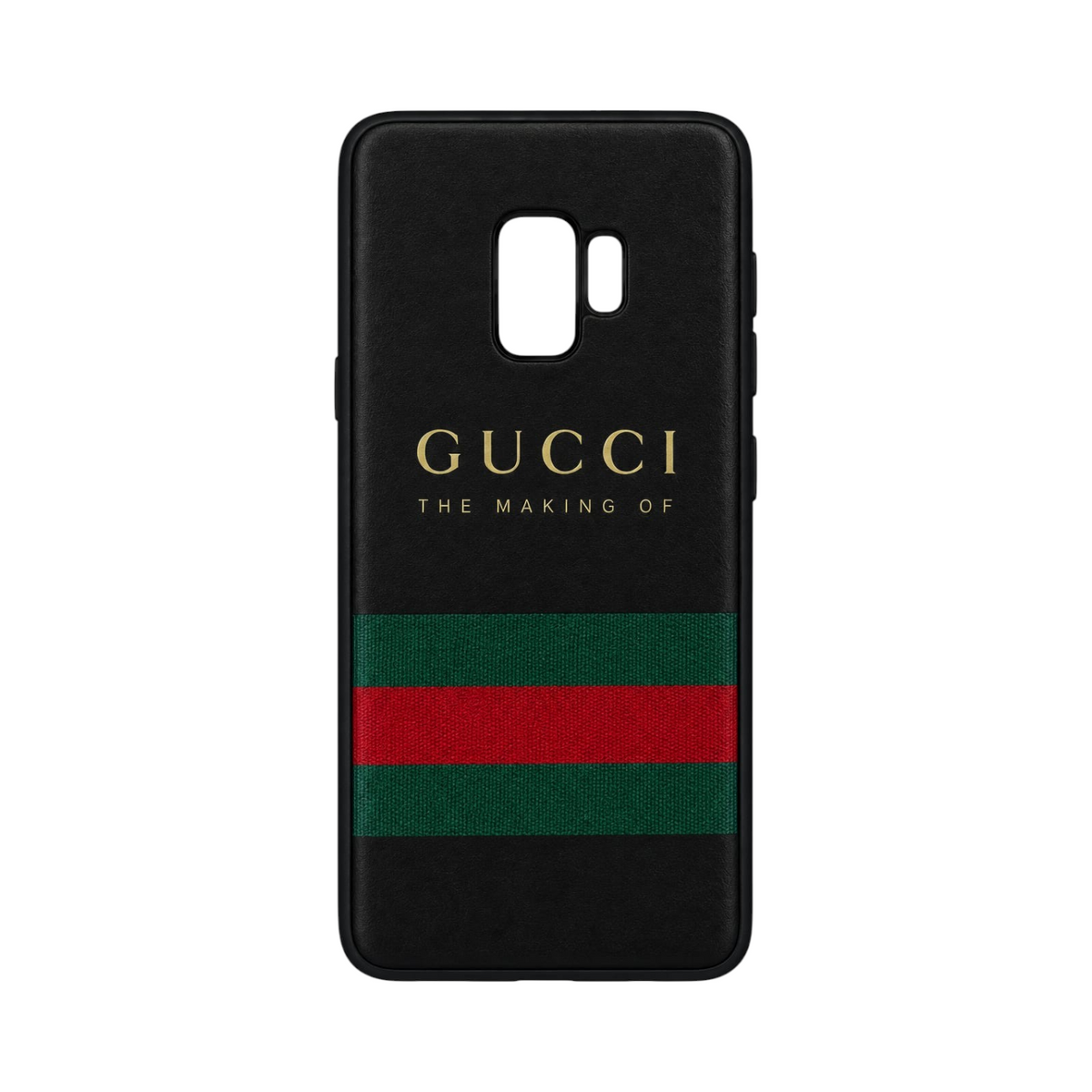 OBtech REMAX black leather Samsung Galaxy S9 case with green and red stripe and gold designer-inspired text