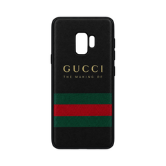 OBtech REMAX black leather Samsung Galaxy S9 case with green and red stripe and gold designer-inspired text