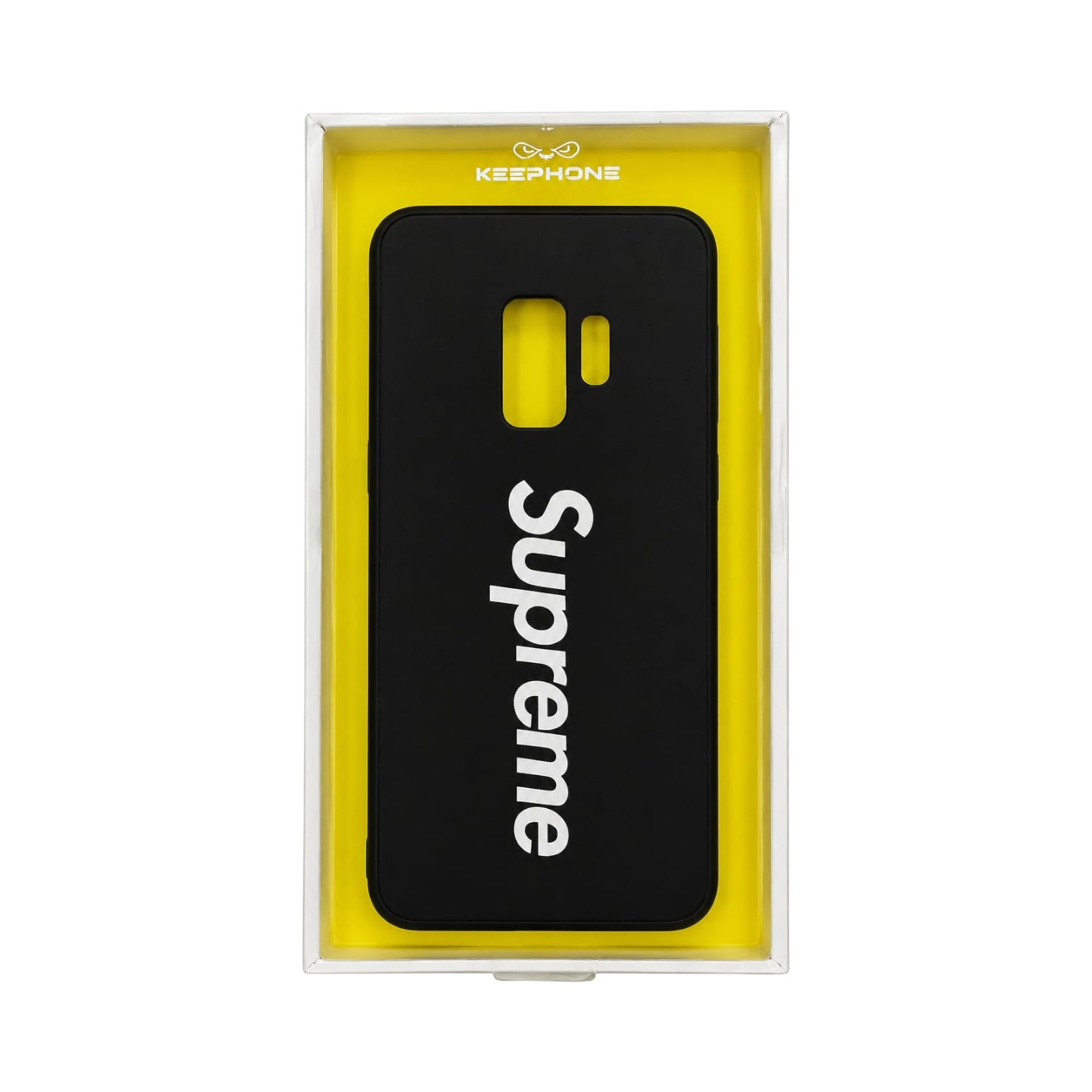 OBtech KEEPHONE Creative Case for Samsung Galaxy S9 in black with white Supreme logo in retail packaging