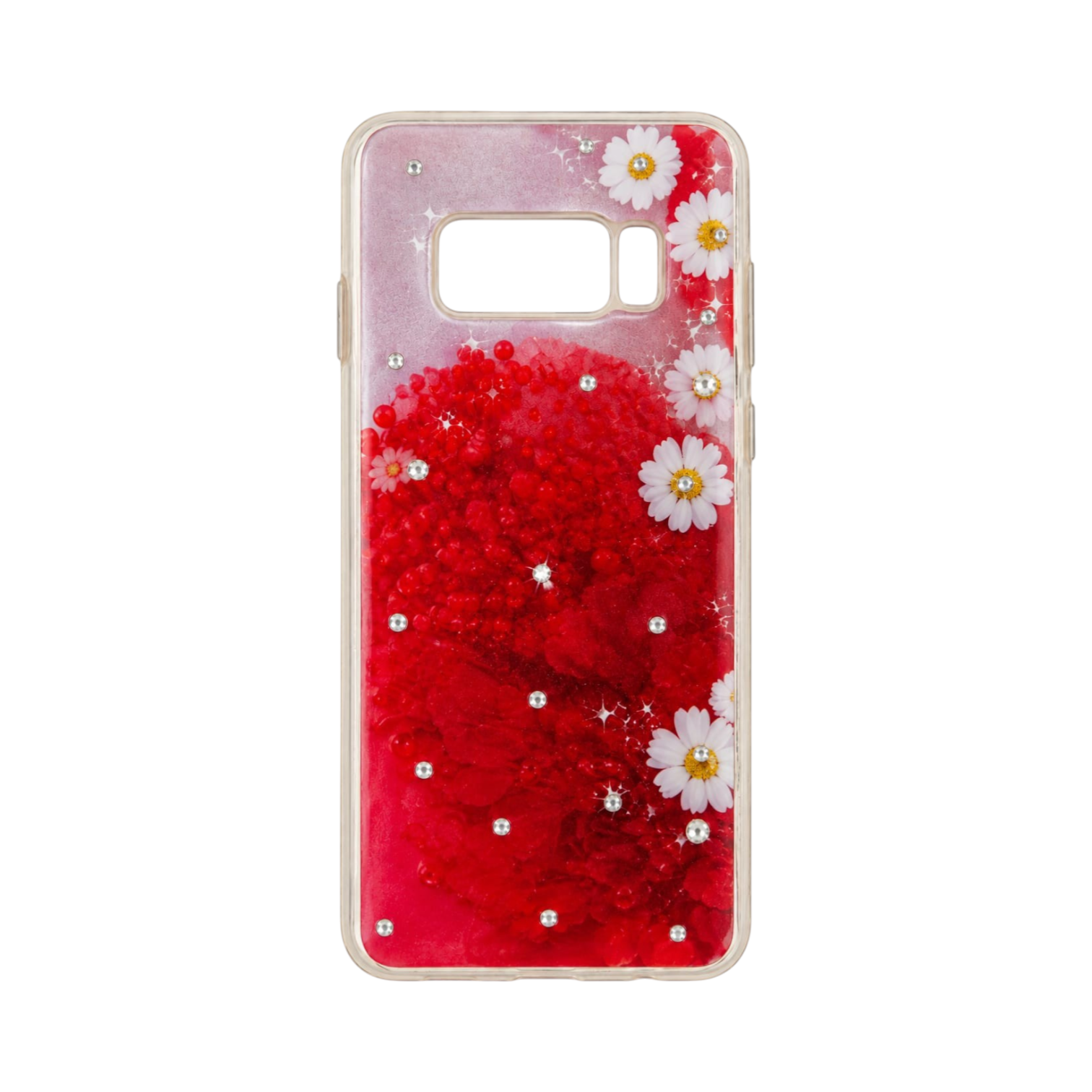 OBtech Samsung Galaxy S8 fashion case with red floral design, white daisies, and sparkling crystal accents