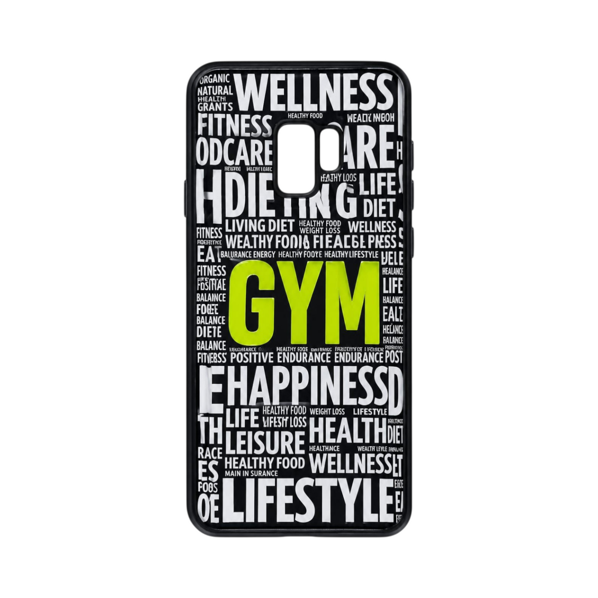 OBtech Samsung Galaxy S9 case with a black and white typography graphic print featuring the word GYM in lime green.