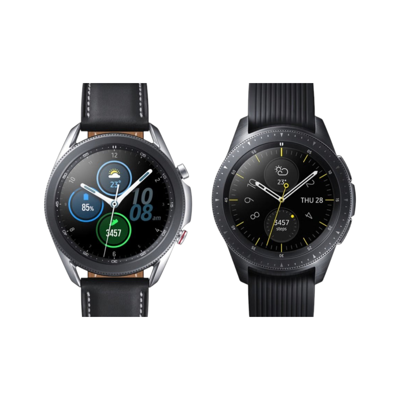 OBtech Samsung Galaxy Watch 3 models in silver and black stainless steel with leather and silicone straps.