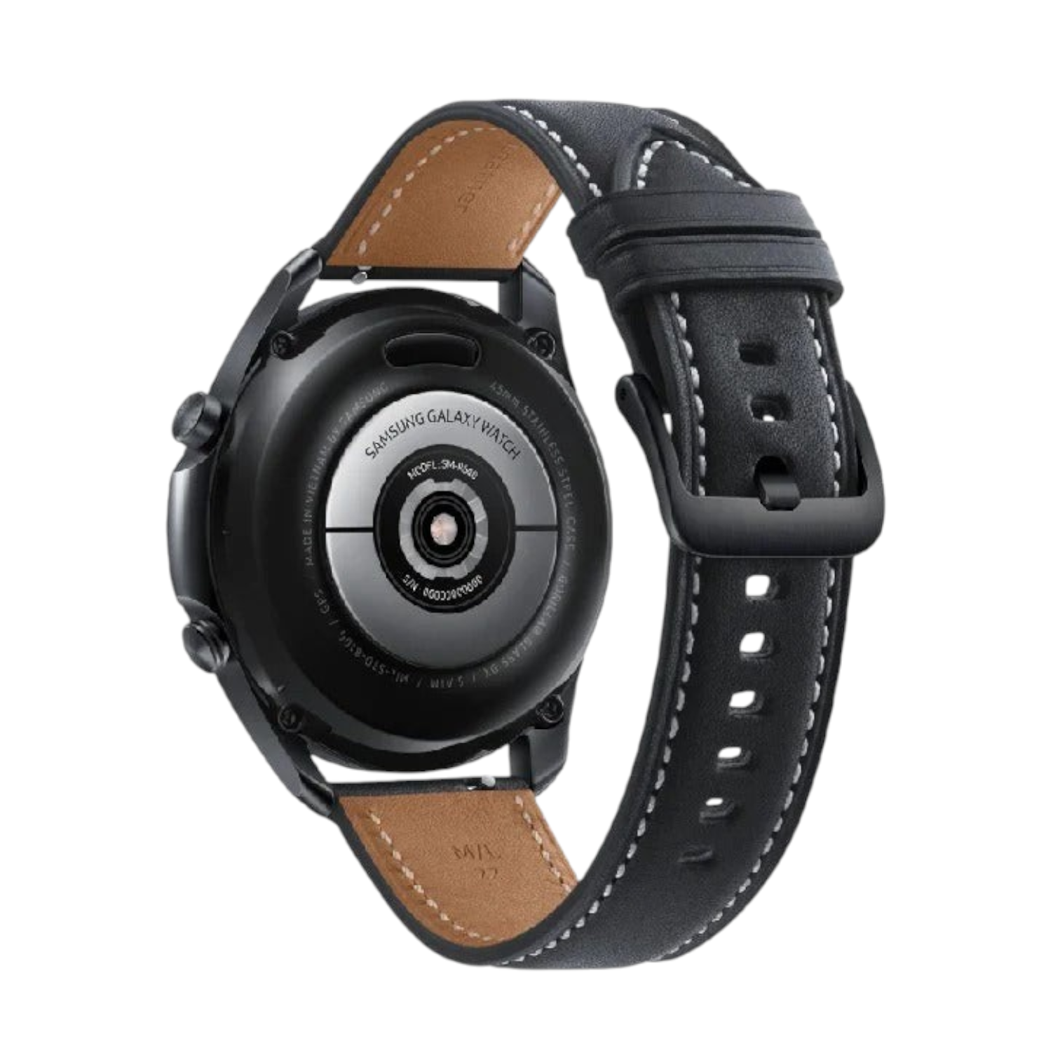 OBtech Samsung Galaxy Watch 3 showing the black stainless steel case back and premium leather strap